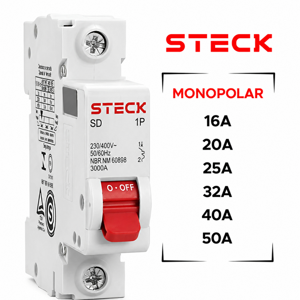 Disjuntor STECK SD Unipolar Monopolar Curva C 10A, 16A, 20A, 25A, 32A, 40A, 50A