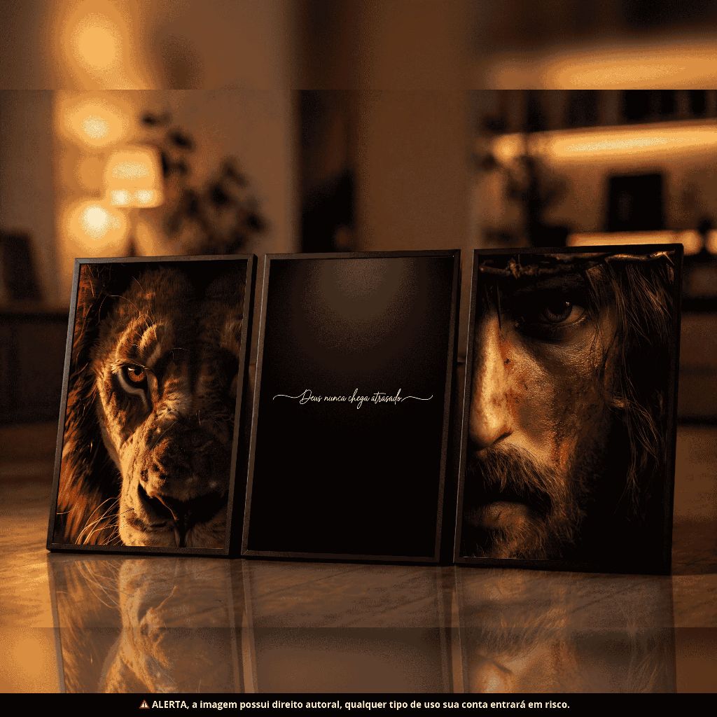 Kit 3 Quadros Decorativos Religioso Leão Jesus Frase Motivacional Sala Moderna Premiun De Luxo