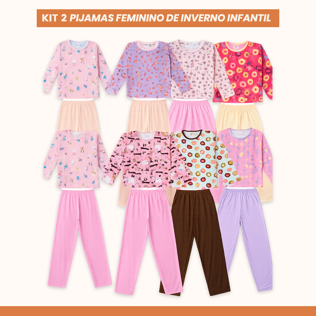 2 Pijamas de Inverno Feminino Infantil Bebê ao Juvenil Menina Sortido Confortável