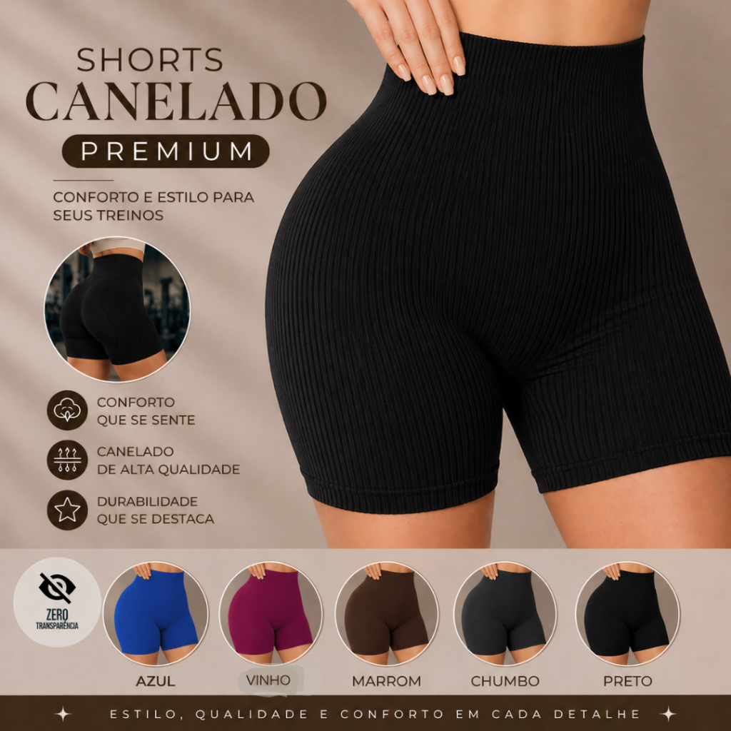 Shorts Academia Feminino Cintura Alta Sem Costura Tecido Canelado Premium Zero Transparência