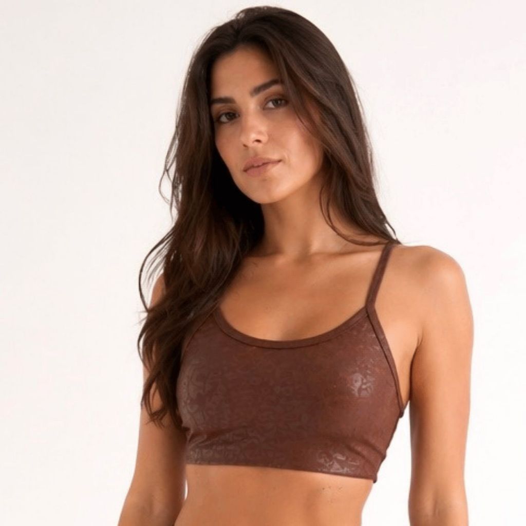 Top Feminino Cirrê Onça Brilho Zero Transparência Sustentação Academia Fitness Alcinha Premium