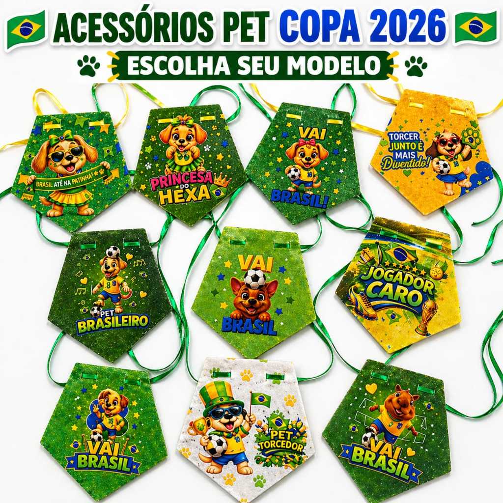 Kit Gargantilha Copa Do Mundo Hexa Vem Colar Colarinho Pet Shop Cachorro Gato Banho Tosa