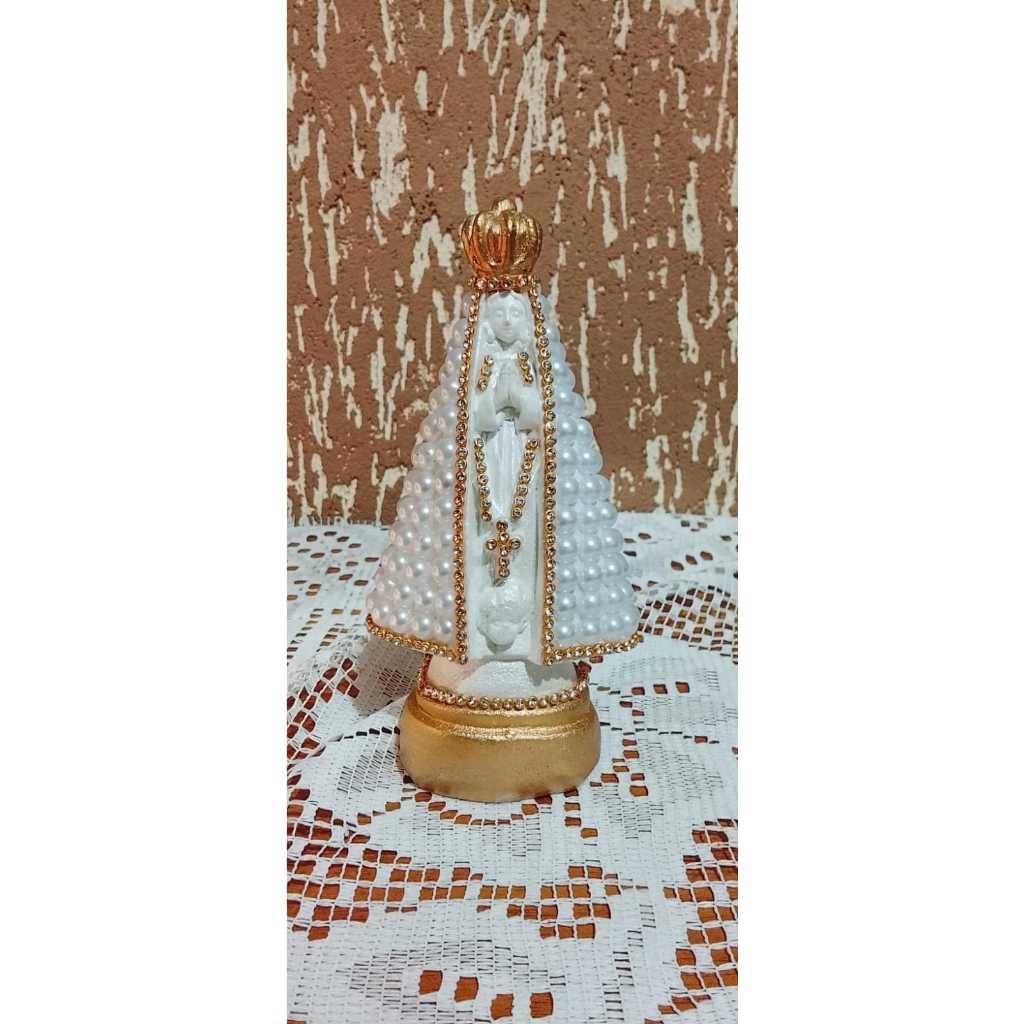 Imagem Nossa Senhora Aparecida 15cm Trabalhada com Pérola Branca