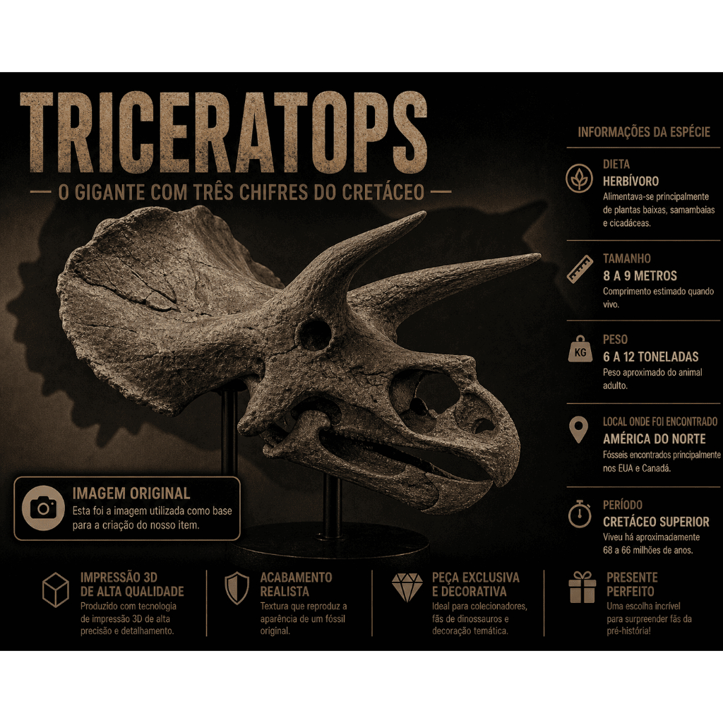 Crânio de Dinossauro Jovem Triceratops Decorativo 3D Grande | Realista | Estilo Fóssil Jurássico | Peça Colecionável