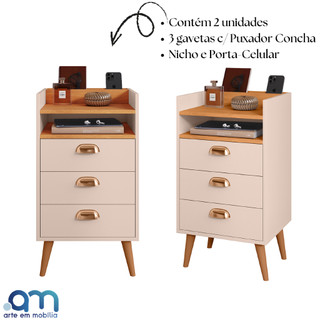 Kit 2 Gaveteiros Heloísa 3 Gavetas com Nicho com puxadores concha – Mini Cômoda Organizad…