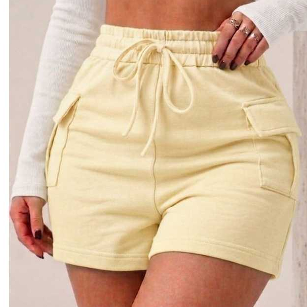 Short Cargo Feminino Moletom Moletinho Premium Cintura Alta Luxo Confortável Algodão Casual Verão