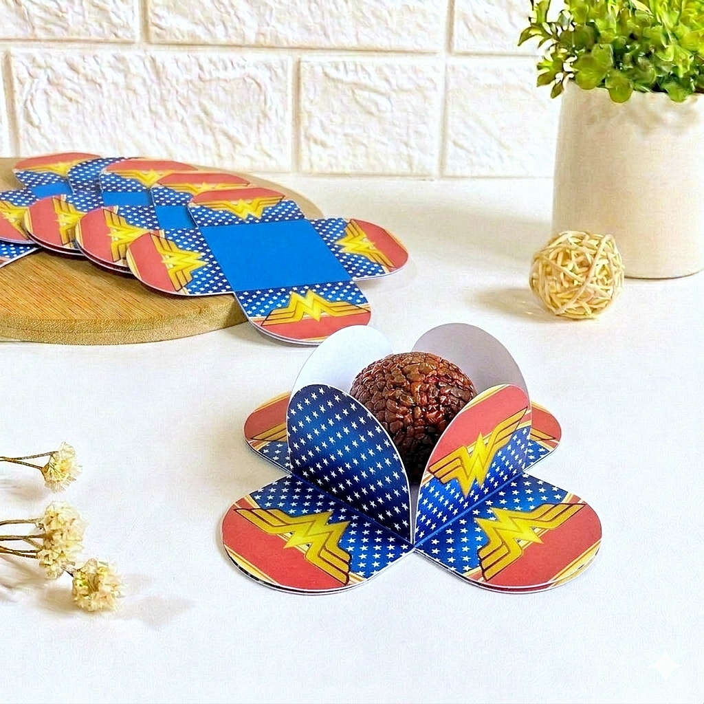 Forminhas para Doces Mulher Maravilha Personalizadas | Festa Infantil | 4 Pétalas | Lembrancinhas Aniversário