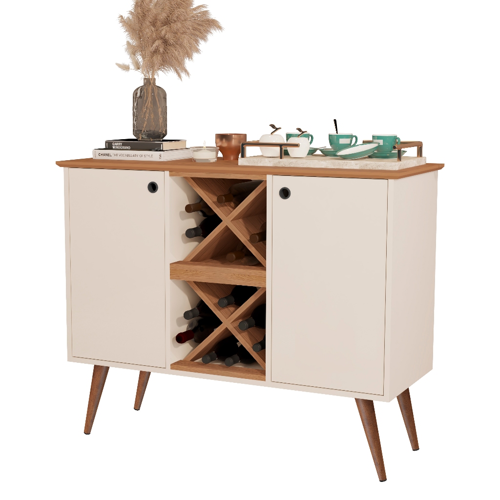 Buffet Aparador Adega Elegance Balcão Retro 2 Portas Bar Café Adega 12 Garrafas Pês Palito Off White / Nature - Kaviga