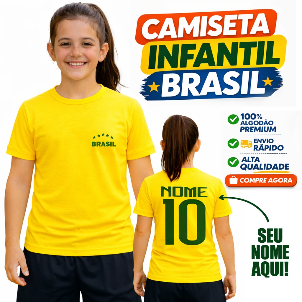 Camiseta do Brasil Infantil e Adulta Blusa em Algodão Premium Personalizada Torcedor Copa Unissex