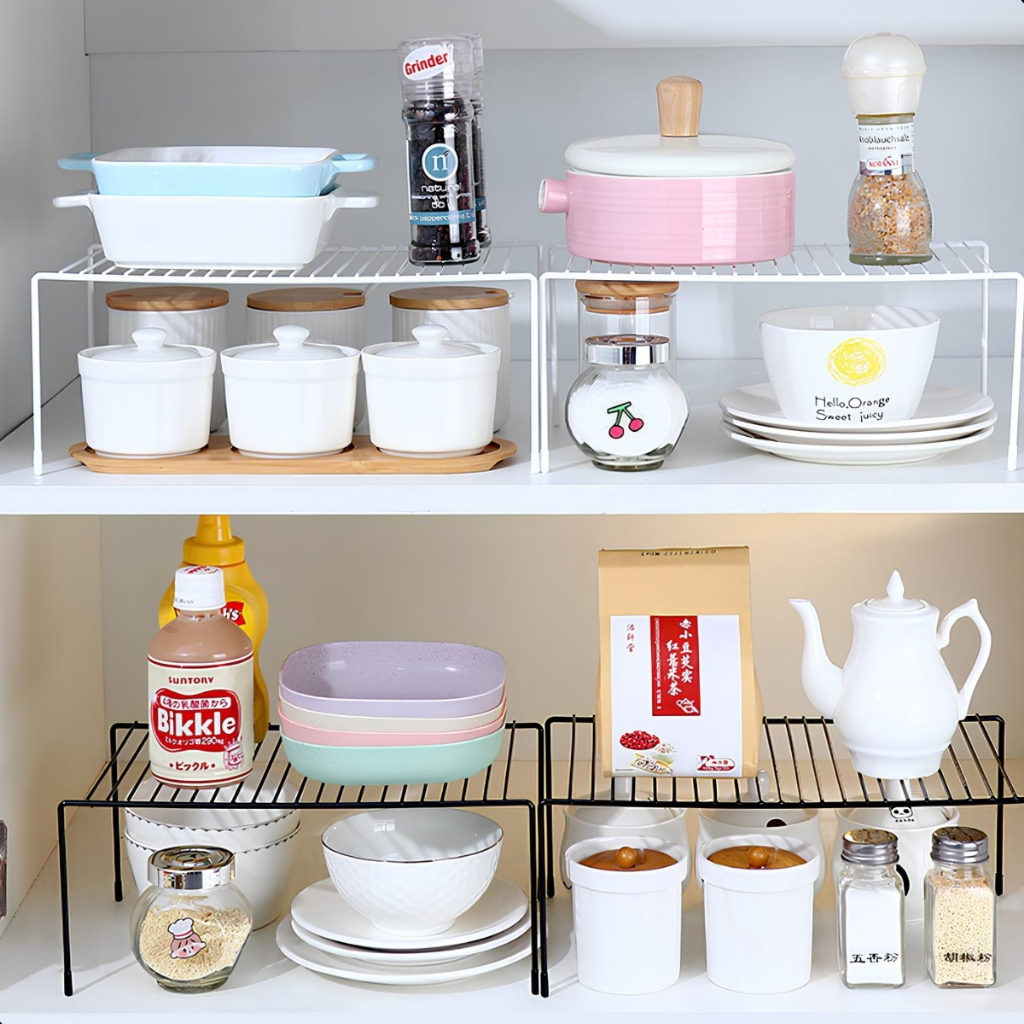 Kit 2/3/4/5 Organizador Prateleira de Armário de Cozinha 32cm Reforçado Aramado Branco/Preto