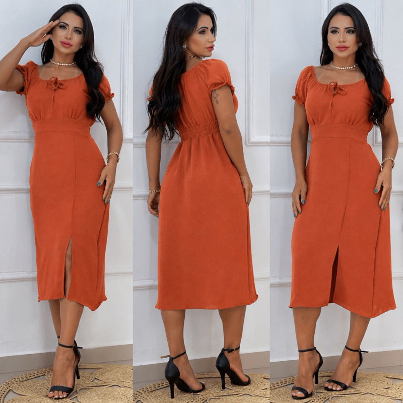 Vestido Feminino Midi DUNA de Manga com Lastex nas Costas Fenda Lateral