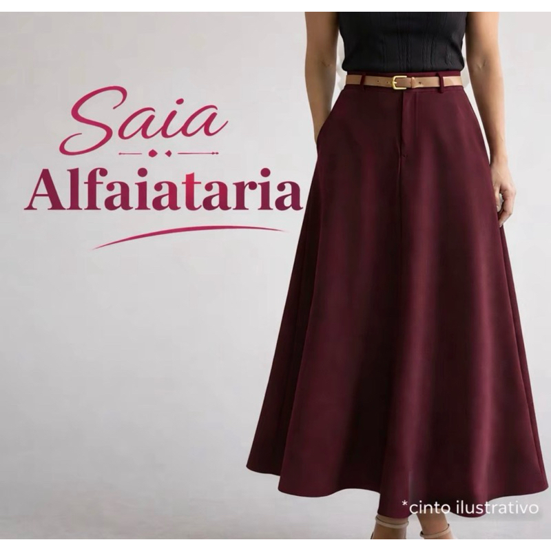 SAIA RODADA LONGA FEMININA ALFAIATARIA MODA EVANGÉLICA CASUAL BÁSICA INVERNO CINTURA ALTA ELEGANTE TENDÊNCIA