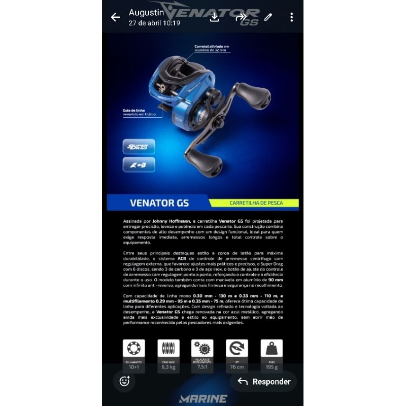 Carretilha Marine VENATOR GS Hoffman 7.5:1 Drag 6.3kg  Lançamento 26