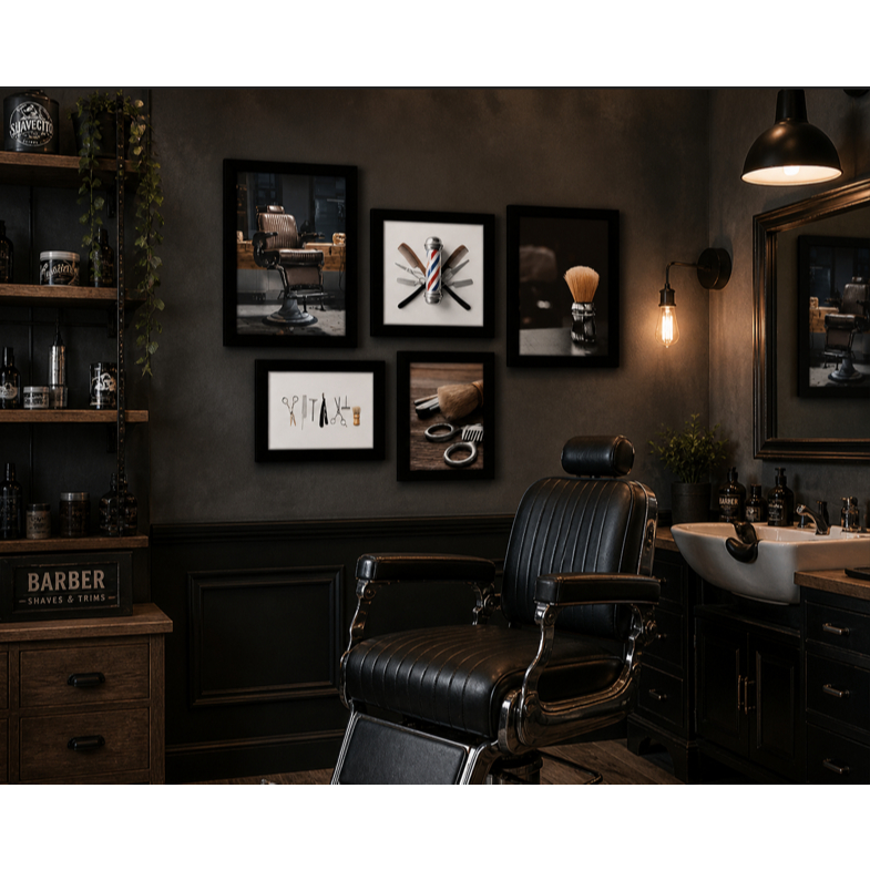 Quadros decorativos 5 peças mosaicos para sua sala ou quarto Barbearia Barbeiro Barber cadeira estoq