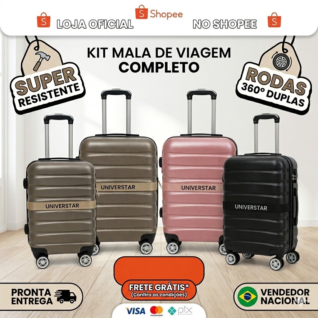 Kit 2 Malas de Viagem Com Rodinhas Giro 360° 18'' e 20'' Bagagem de Mão Leve Resistente Bolsa Bordo