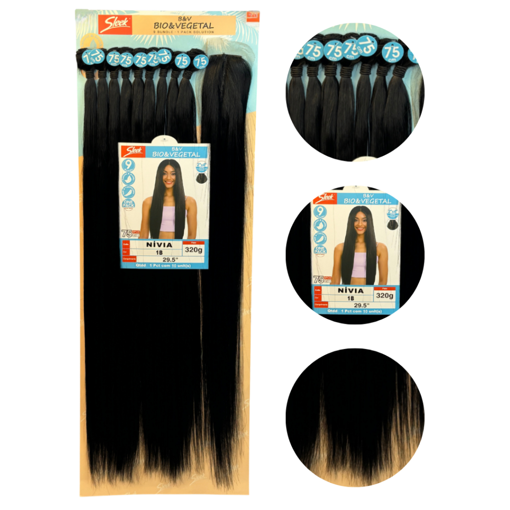 Cabelo Bio Vegetal Liso Nivia Sleek 75cm 320g 9 Telas + Closure Idêntico Ao Humano
