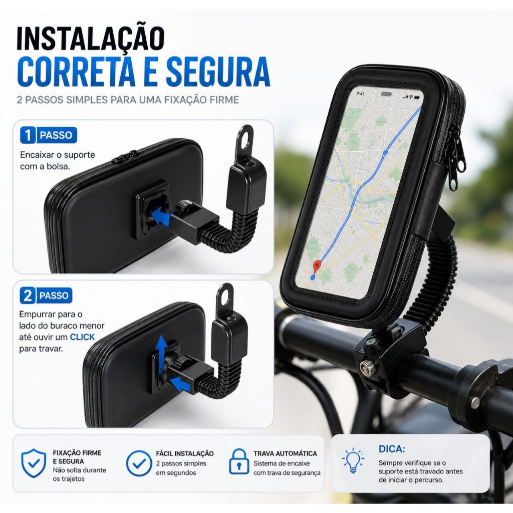 Suporte Celular Universal Para Bicicleta Moto Com Capa Prova D'água 360° Ajustável Antivibração