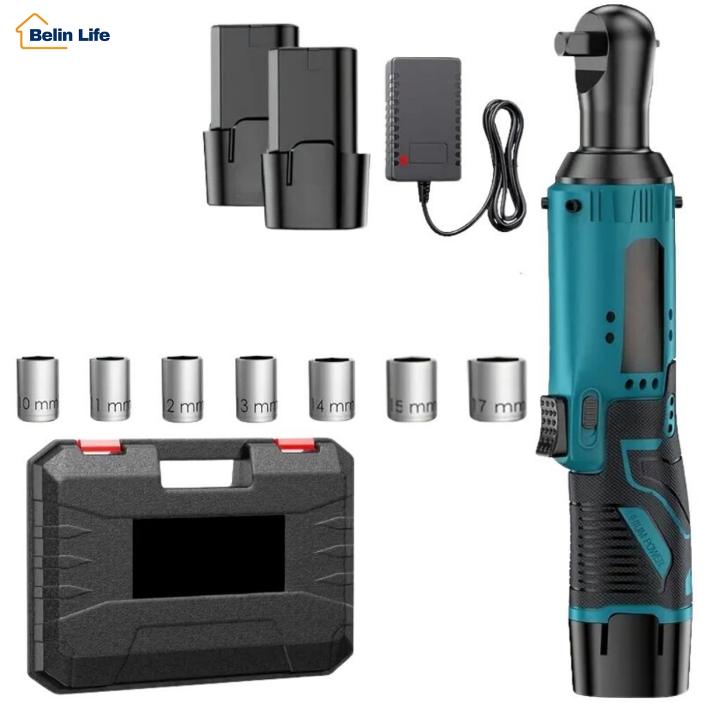 Chave De Catraca Elétrica 12V Luatek LWJ-603 Sem Fio Bivolt + 2 Baterias E 7 Soquetes