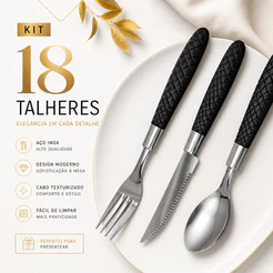 Jogo Talheres 18 Peças Garfo Colher Faca Cabo Preto Aço Inox