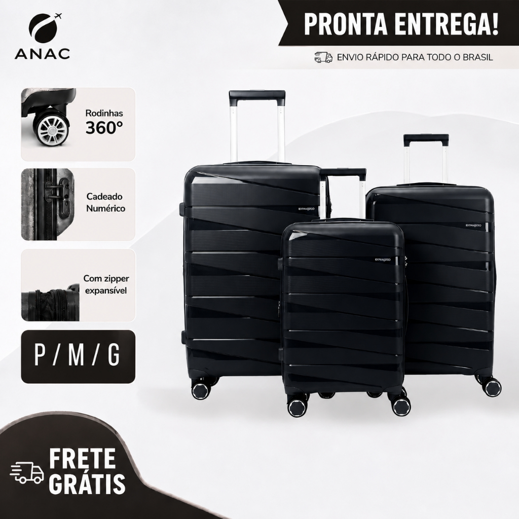 Conjunto 3 Malas Polipropileno P M G 360° Cadeado Mala Viagem Resistente