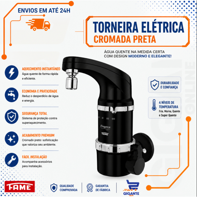 Torneira Elétrica de Parede Elegance 4T Preto Branco Fame