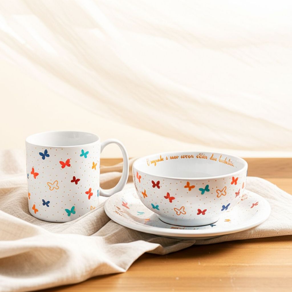 Jogo com 3 Peças Porcelana Borboleta, Caneca Tigela, Pratinho