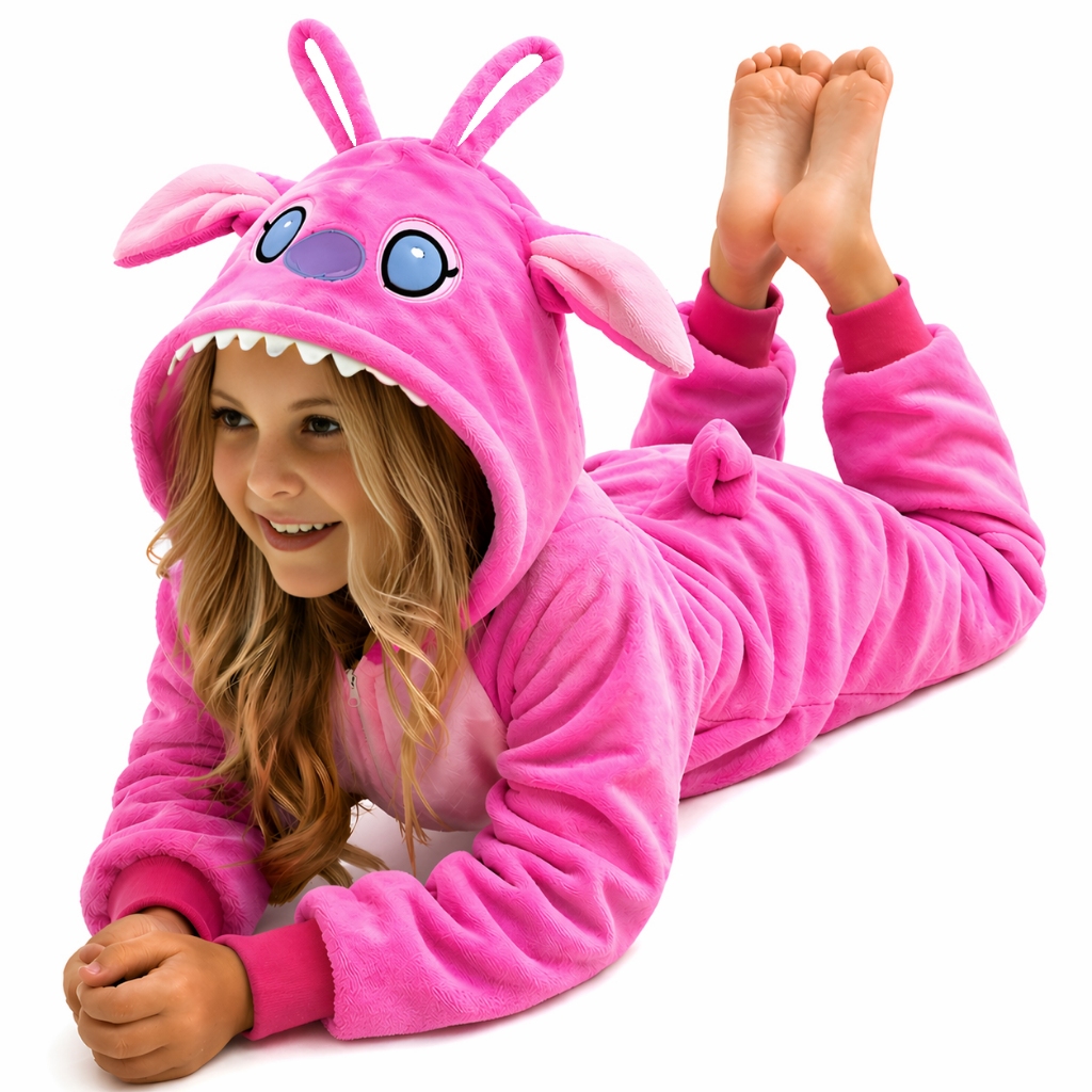 Pijama Macacão Stitch Angel Infantil Menina Rosa Cosplay com zíper