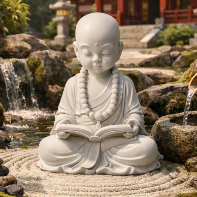 Estátua Monge Buda Baby Lendo Livro - Decoração Jardim Zen e Interior