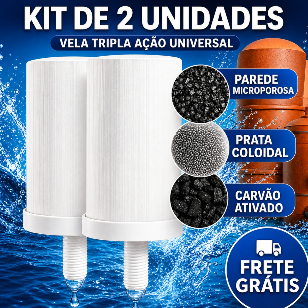 2 VELAS FILTRO BARRO TRIPLA AÇÃO UNIVERSAL PRATA COLOIDAL CARVÃO ATIVADO - PARA TODOS FILTRO BARRO
