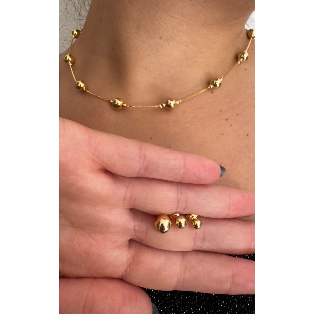 COLAR FEMININO CORRENTE GARGANTILHA BOLINHA PEROLA DOURADA MAIS TRIO DE BRINCO PÉROLA DOURADA FOLHEADA A OURO 18k