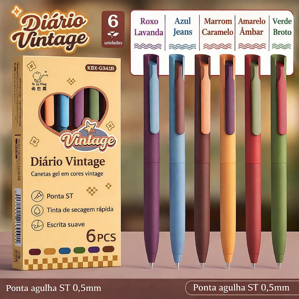 Kit6 Canetas Gel Vintage Coloridas Ponta Fina Escrita Suave Secagem Rápida Escolar Escritório  WJ-8