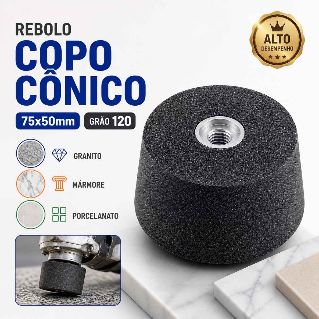 Rebolo Tipo Cônico 75x50mm Grão 120 Guepar Para Granito Mármore Cerâmica Porcelanato