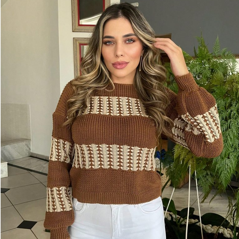 Casaco Cardigan Tricô Feminino Alongado Casaco de Inverno com Trança Frontal Elegante e Confortável- RUIVA MALHAS