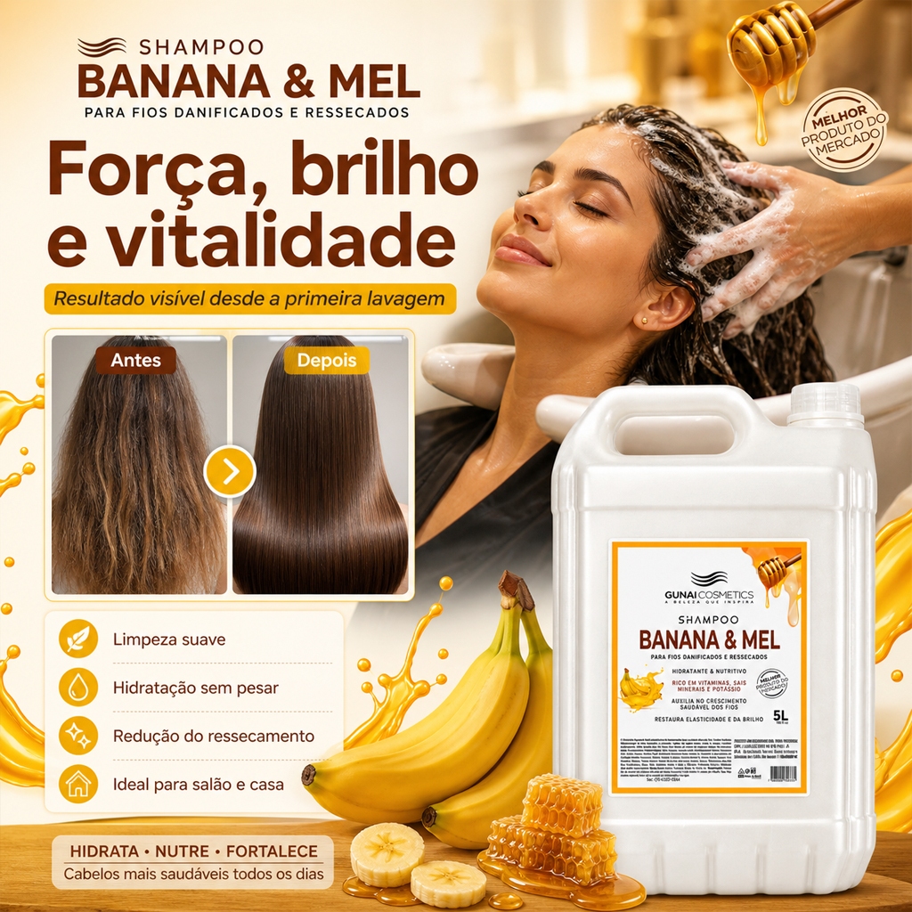 Shampoo Sem Sal Galão 5L Gunai Banana & Mel Profissional Hidratação Intensa Nutrição
