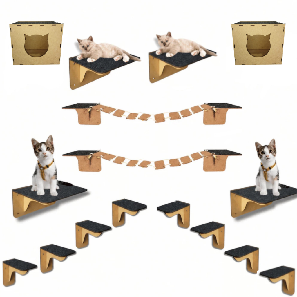 Playground Gatos Kits 16 peças Nicho Rede Descanso Brinquedo Ponte Degraus Prateleiras Parede Diversão Para Pets MDF 4mm