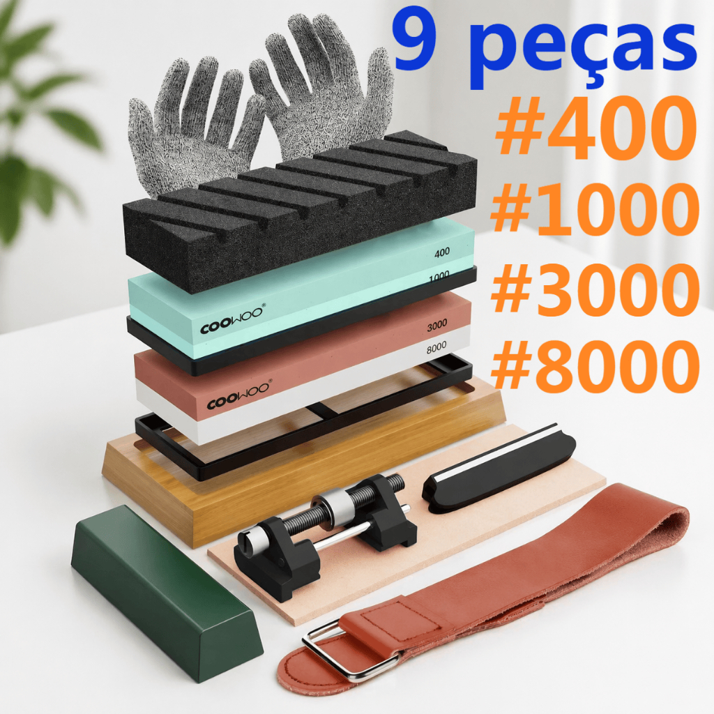 Kit 9 Peças Pedra Afiar Amolar Dupla Face Inclui luvas 400/1000+3000/8000 Pedra De Amolar De Corindo Branco