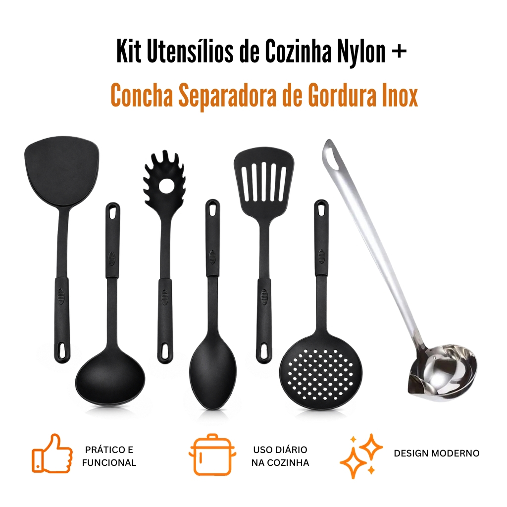 Kit Cozinha Completo 6 Utensílios Nylon Antiaderente + Concha Separadora Gordura Inox 304 Dieta Saudável
