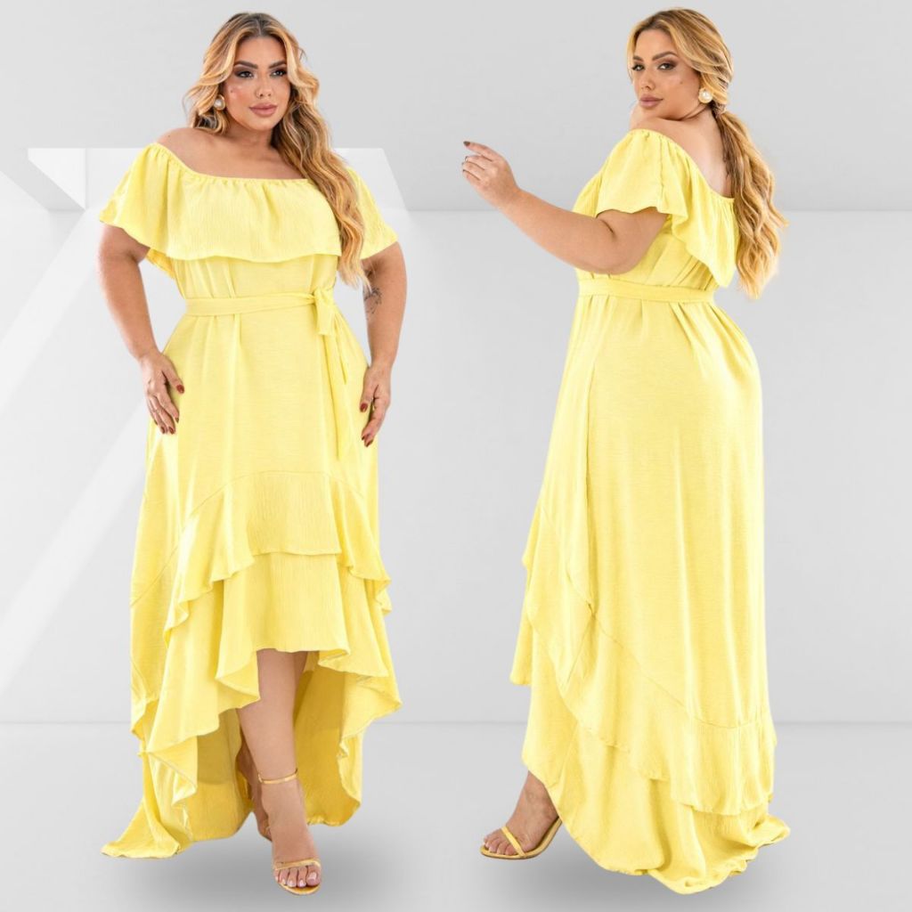 Vestido Longo Mullet Plus Size Moda Maior Ciganinha Ombro a Ombro Cauda de Peixe Curto na Frente Longo Atrás Evangélico