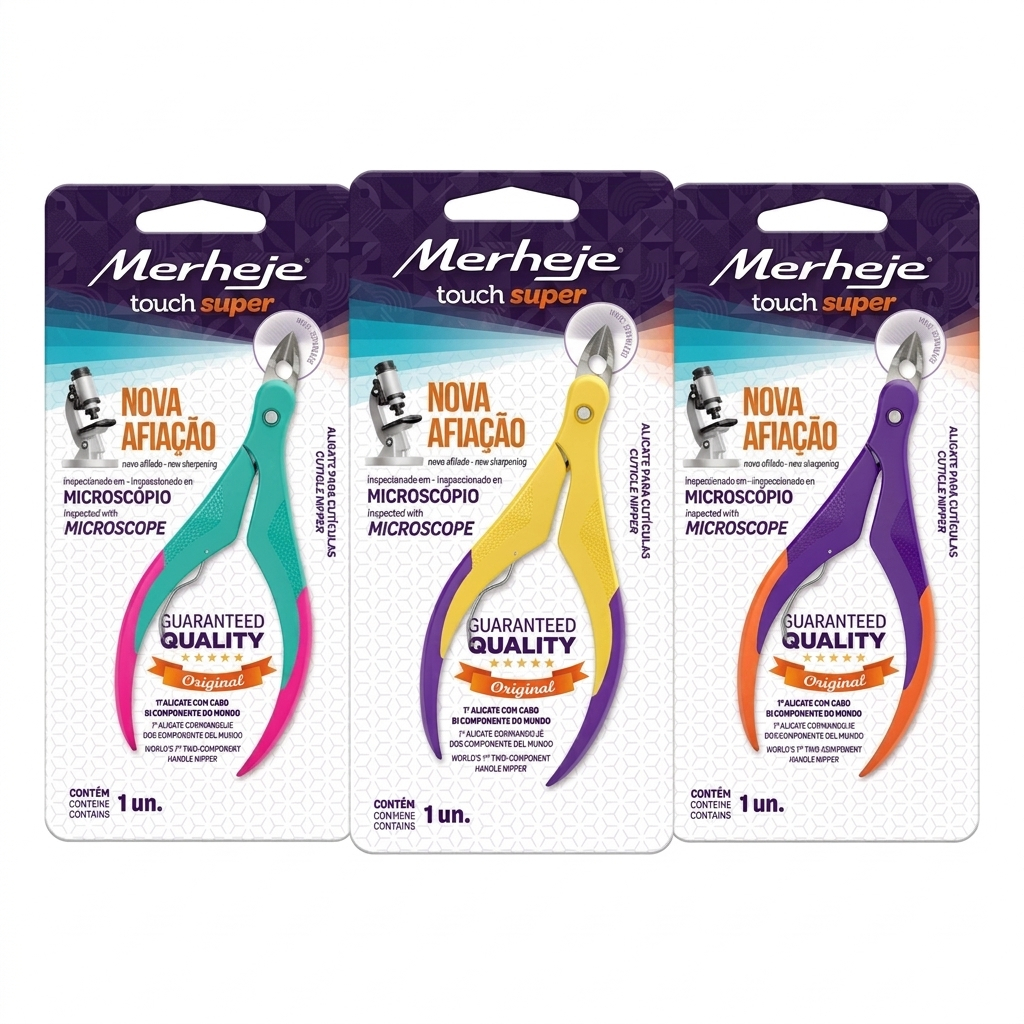 Alicate Cutícula Touch Super | Merheje | Violeta Laranja ou Verde Rosa | Corte Preciso e Conforto Ergonômico