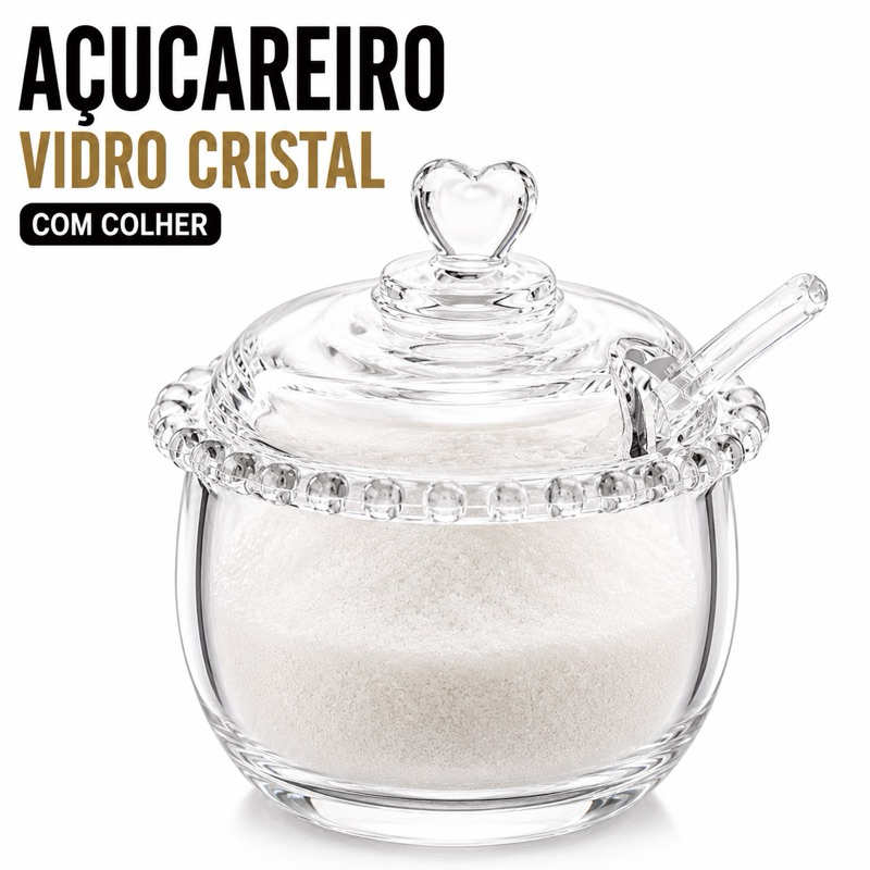 Açucareiro Vidro Cristal Colher Borda Coração 9,5 cm 250 ml Lyor