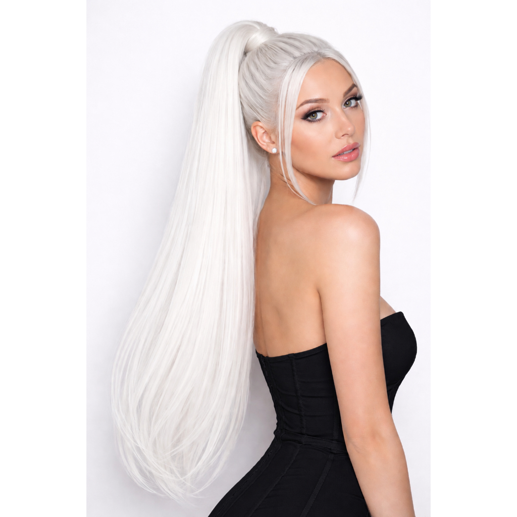 Aplique Rabo De Cavalo cabelo Branco bio Orgânico com Presilha Liso e Ondulado parecido com cabelo humano