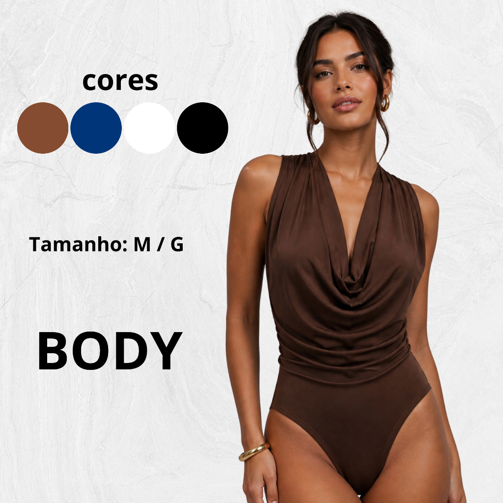 Body Feminino Decote Degagê Modelador Elegante Tecido Duplo Confortável Casual Chic Poliamida Suplex Gola Boba Bori