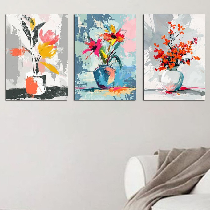 quadros de vaso flores rosas violetas jasmim - imagens estilo pintura - decoração area esterna jardim kit 3 placas 20x30