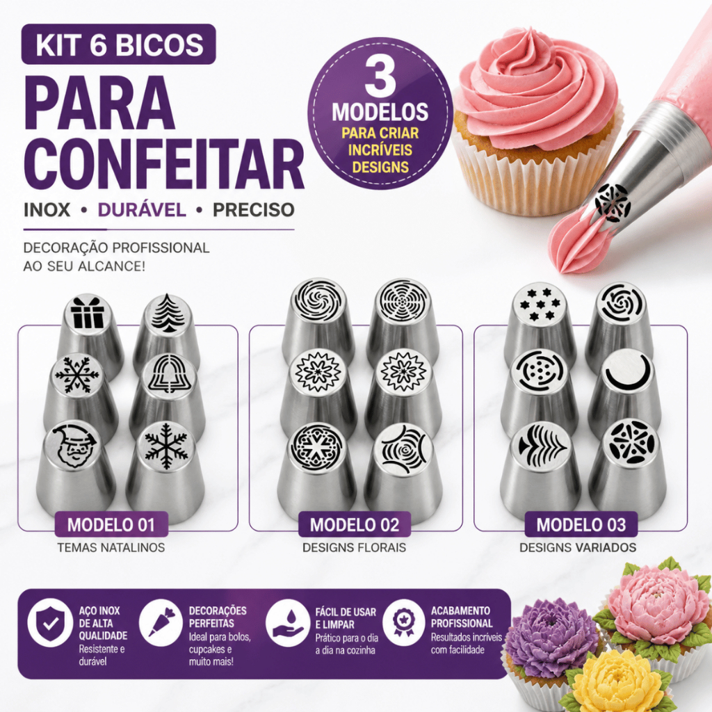 Kit 6 Bicos Confeitar Inox Decoração - Gekko / Confeiteiro Cozinha Confeitaria Utensílio Conjunto
