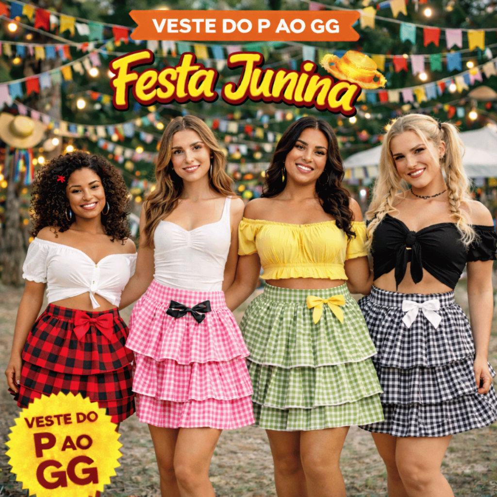 Saia Junina Xadrez Adulto Feminina Laço Renda Linda Festa Arraiá Mulher Quadrilha Dança