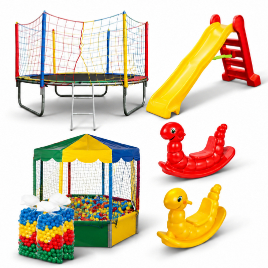 Kit Cama Elástica 3,05m Piscina Oitavada 2,00m 1500 Bolinhas Escorregador Médio 2 Gangorras 1 Lugar
