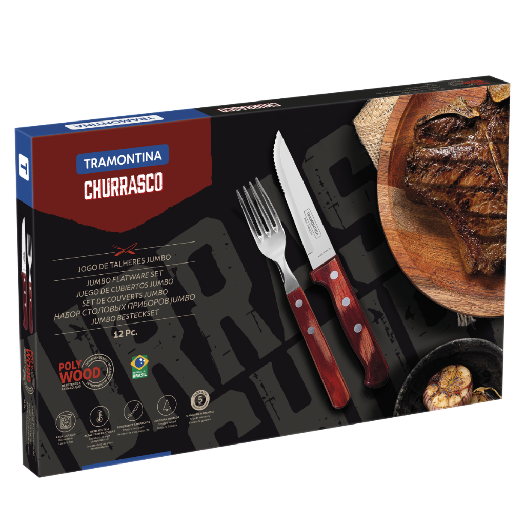 Jogo de Talheres Jumbo Tramontina Churrasco Polywood Vermelho 12 Peças Aço Inox