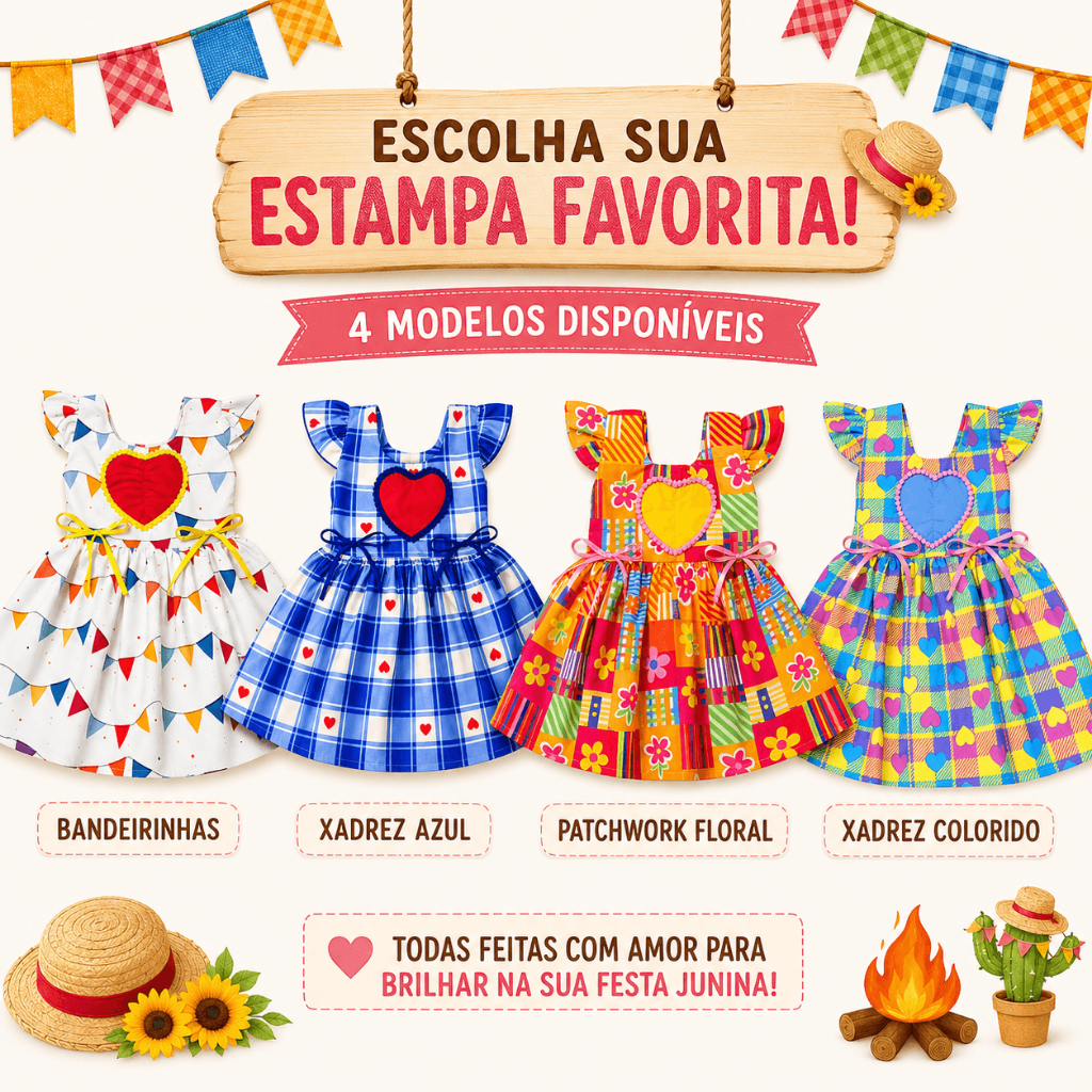 São João Vestido Infantil feminino para festa junina e quadrilha Menina estampado (1 a 8 anos)