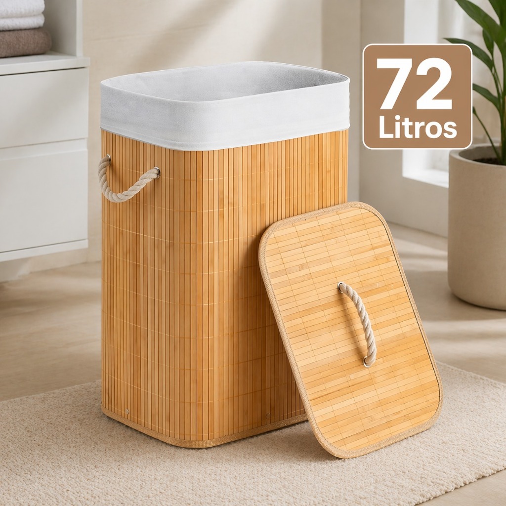 Cesto de Bambu Roupa Suja em Bambu Natural com Tampa 72L Alças de Corda Forro Removível
