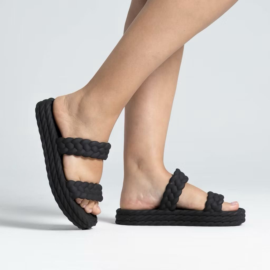 Sandália Papete Flatform Feminina Tiras Trançadas Confortável Antiderrapante Casual Verão
